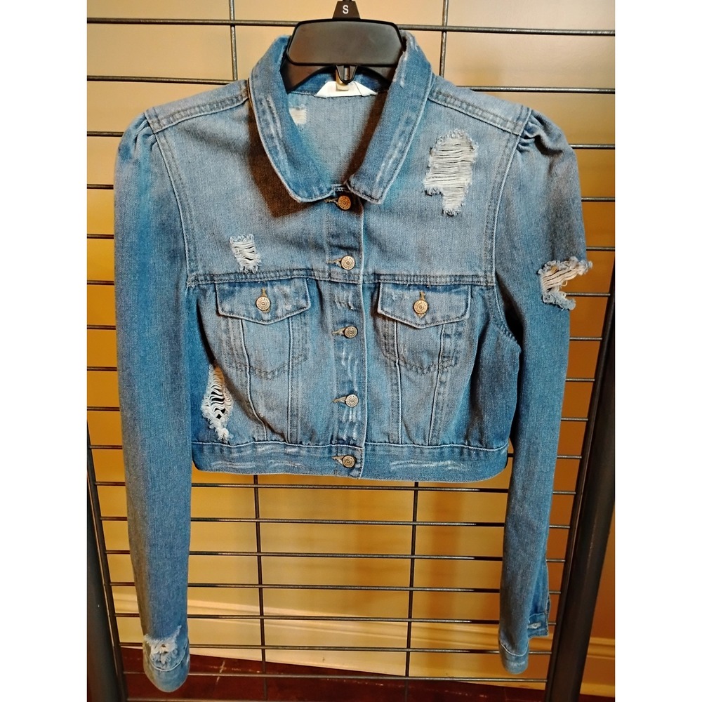 Hot Kiss Distressed Cropped Denim Jacket Medium Wash Puff Shoulder Blue Size M